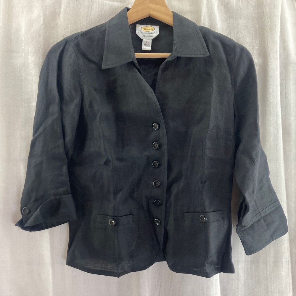Talbots Petites Irish Linen Black 3/4 Sleeve Button Front‎ Jacket Blazer Size 2